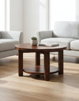 Round wooden table with a dark brown finish on a white background