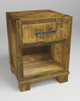 A rustic Backwoods Nightstand made of solid wood with one drawer and an open shelf, featuring a Millsawn texture.