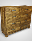 A rustic Backwoods 8-drawer dresser made of solid wood with a Millsawn texture finish.