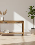 Wooden console table with two drawers on a white background