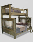 Wooden bunk bed with two beds and a ladder on a white background