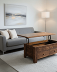 Gray sofa with a wooden coffee table and storage chest in a living room setting.