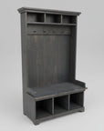 Dark wooden bench with storage compartments outdoors