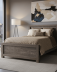 Modern bedroom with wooden bed, abstract art, and city view