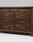 A large, traditional wooden dresser with nine drawers, featuring metal handles and a millsawn texture finish.