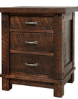 A Canadian made rustic Timber nightstand with three drawers, featuring millsawn wood texture and bolt accents, in a dark brown color.