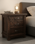 Canadian made 3 drawer Timber nightstand shown in a Millsawn texture