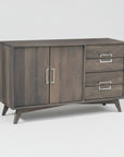 A sleek mid century modern sideboard made of Canadian solid wood, featuring a windswept wood texture. The piece includes two doors on the upper section and three drawers with metal handles on the lower section, set against a white background.