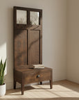 A rustic Dakota hall bench with mirrors, made of solid wood, with a saw mark texture finish.