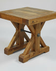 A rustic Klondike end table made of solid wood with metal rod support, viewed from a slightly elevated angle.