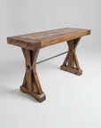 A rectangular Klondike sofa table with a rustic design, featuring metal rod support and made from solid wood.