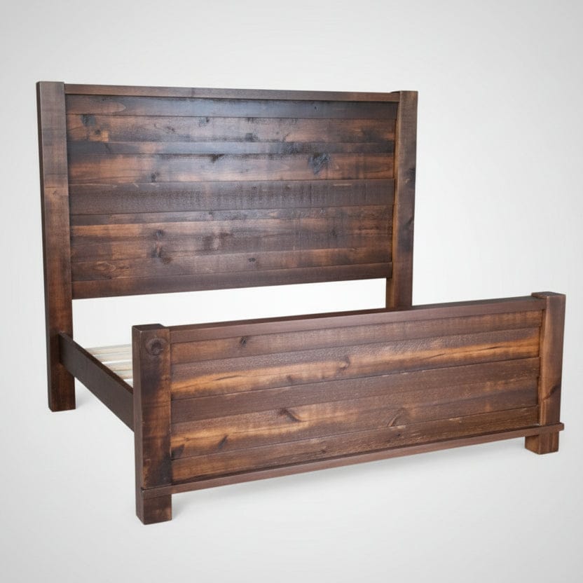 Wooden bed frame with a rustic finish on a white background