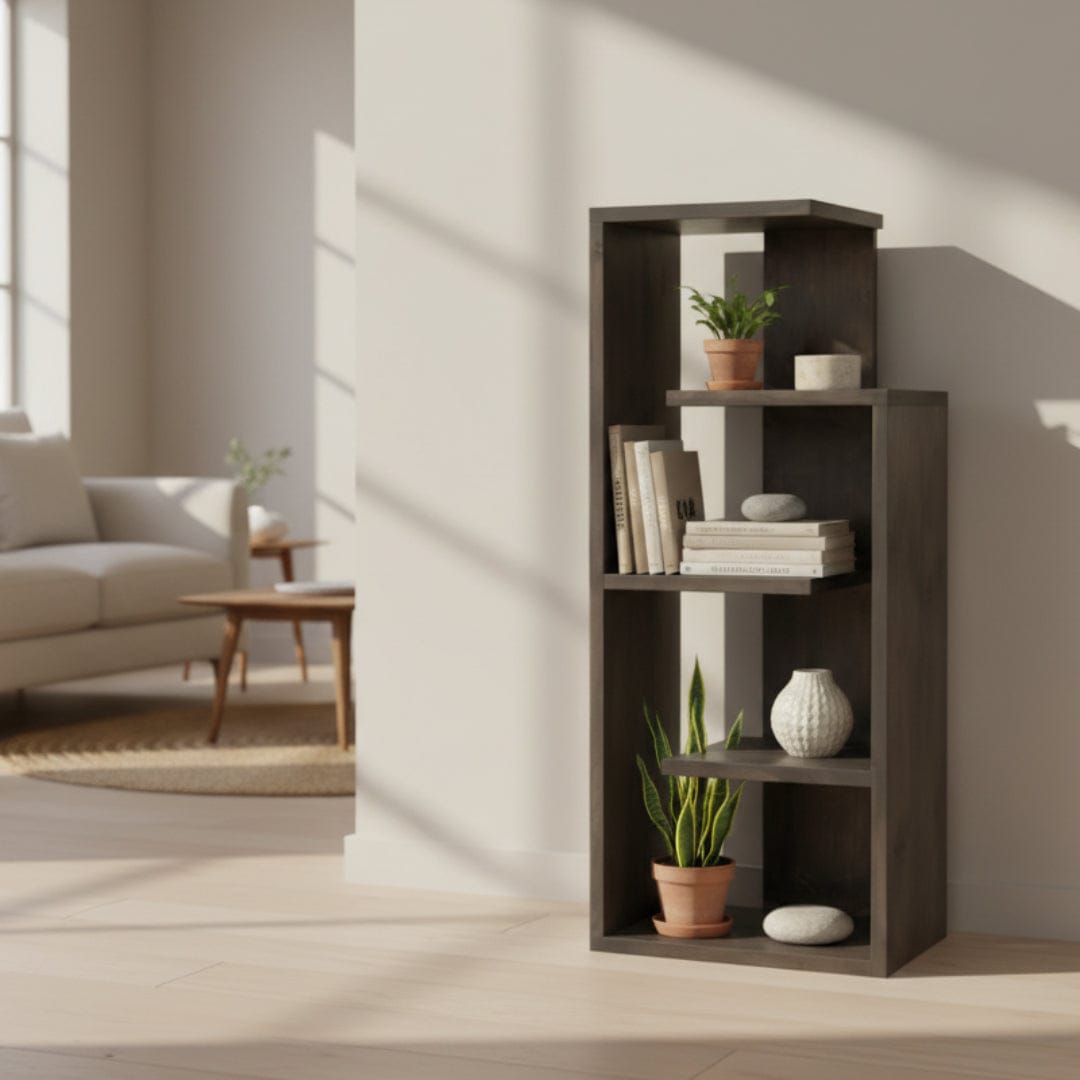 Wooden bookshelf with four shelves on a white background