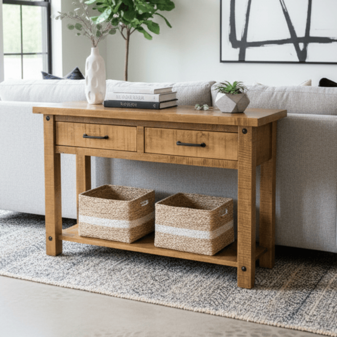 Wooden console table with two baskets in a living room setting