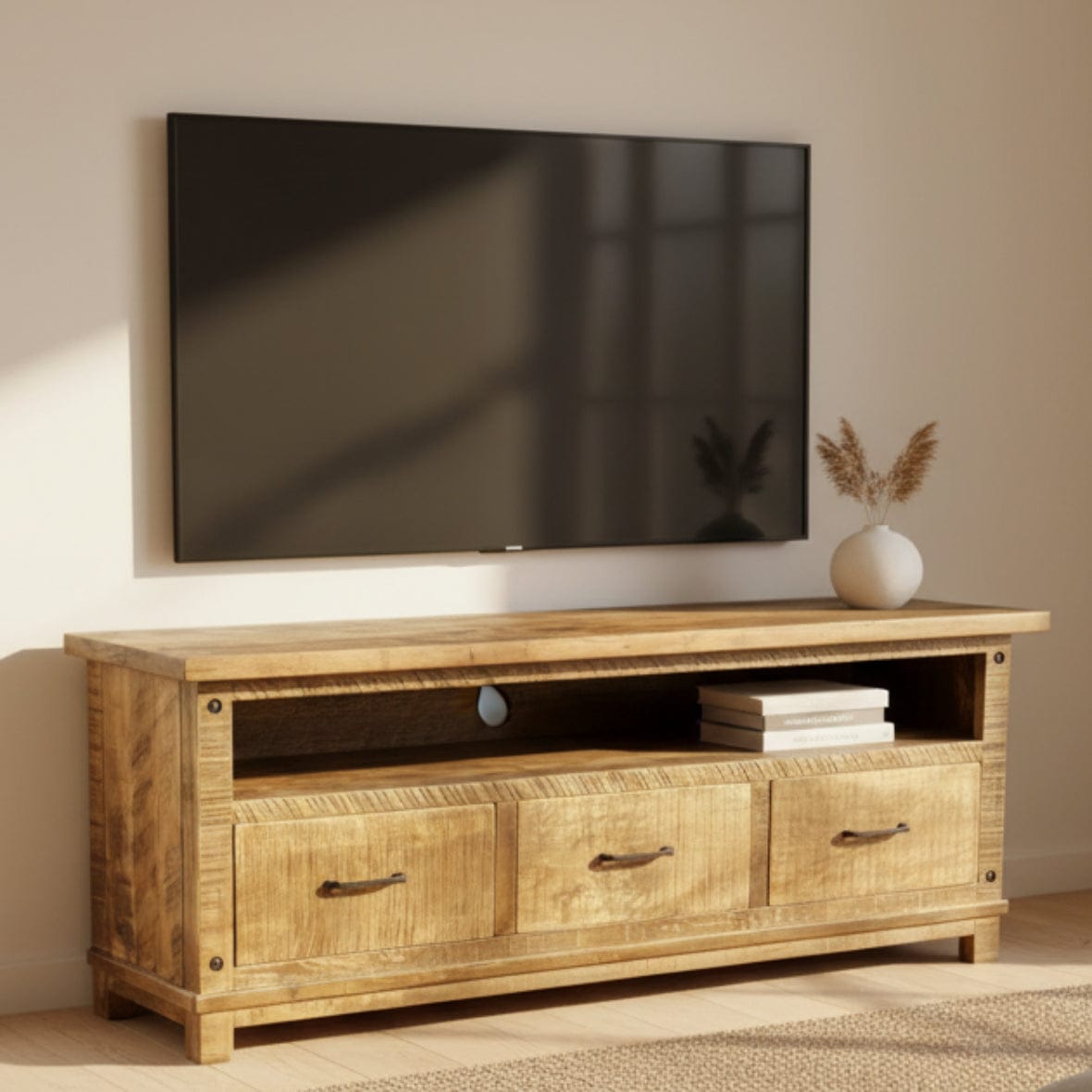 Wooden TV stand with three drawers on a gray background