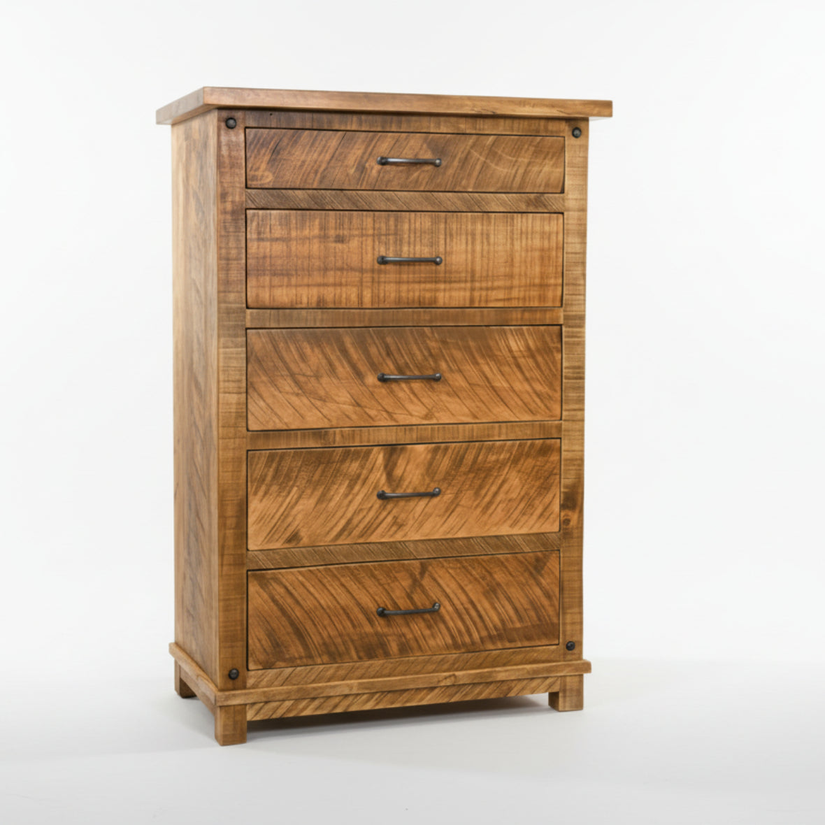 Wooden dresser with four drawers on a plain background