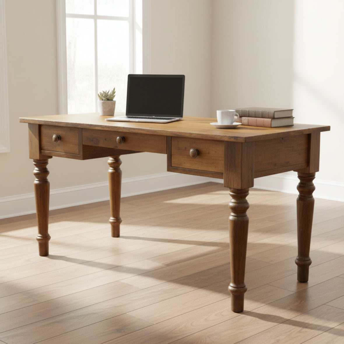 A wooden desk with three drawers and turned legs, finished in a standard wood texture.