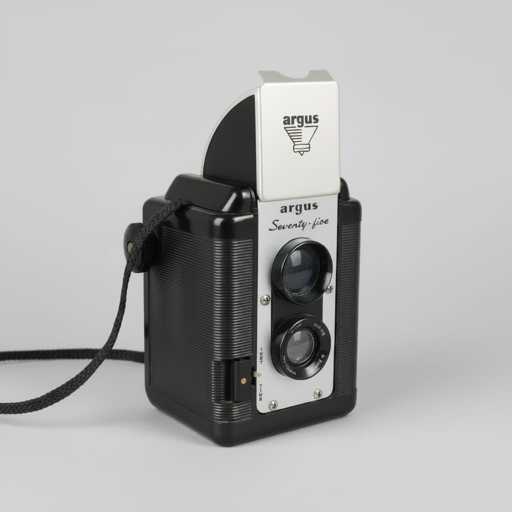 A vintage black and silver Shibe S-16 slide camera resting on a weathered, peeling white-painted wooden surface.