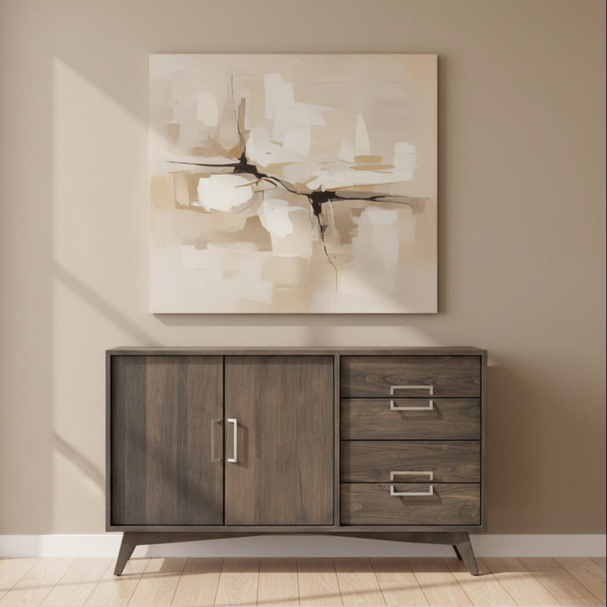 Wooden sideboard with doors and drawers on a white background