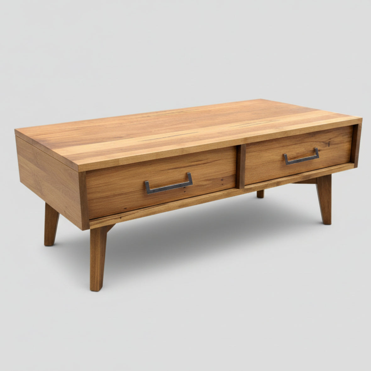 A mid century modern style coffee table made of solid wood, featuring two drawers with metal handles.