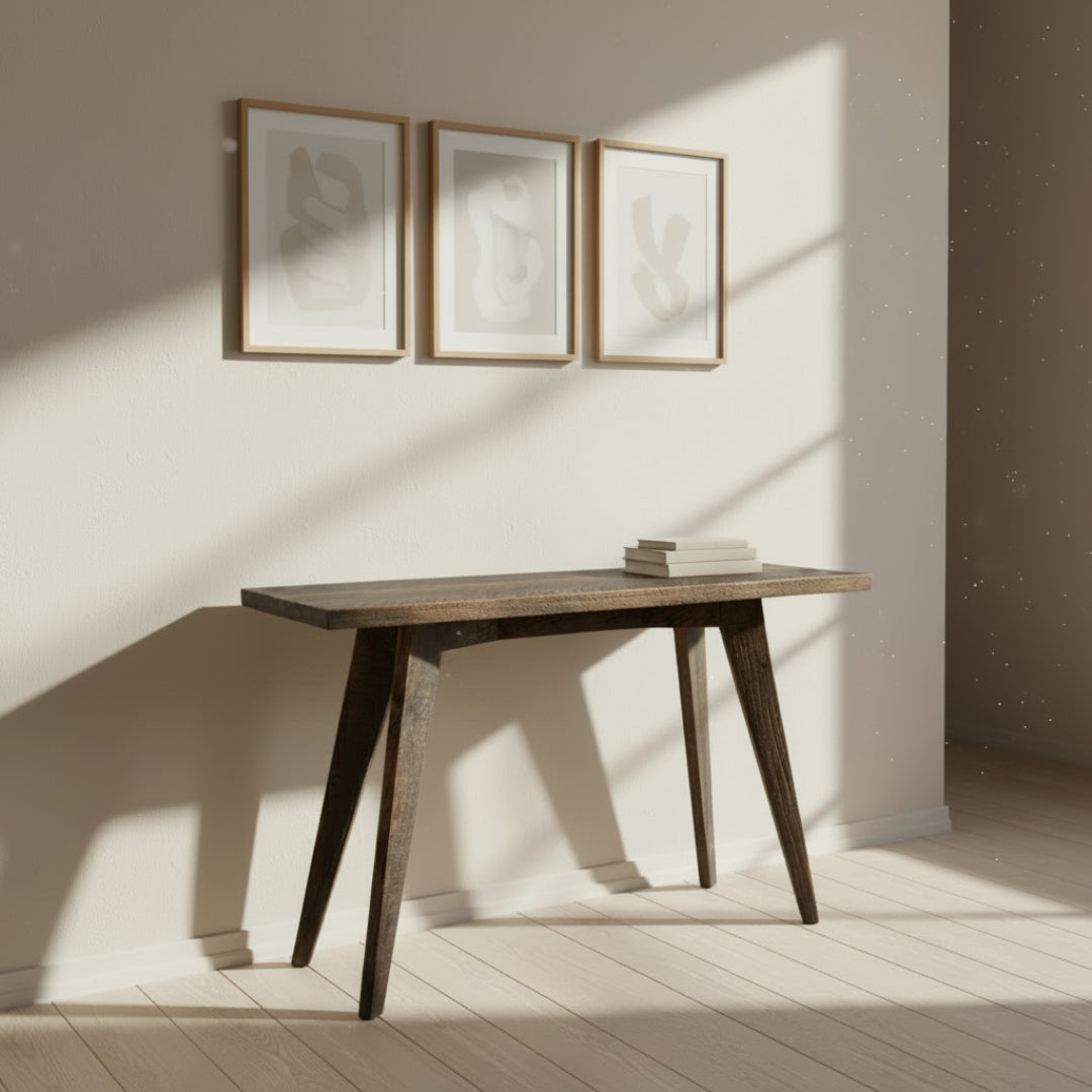 Wooden table with a dark finish on a light gray background