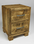 A rustic brown wooden nightstand with two drawers and metal handles, on a solid white background.