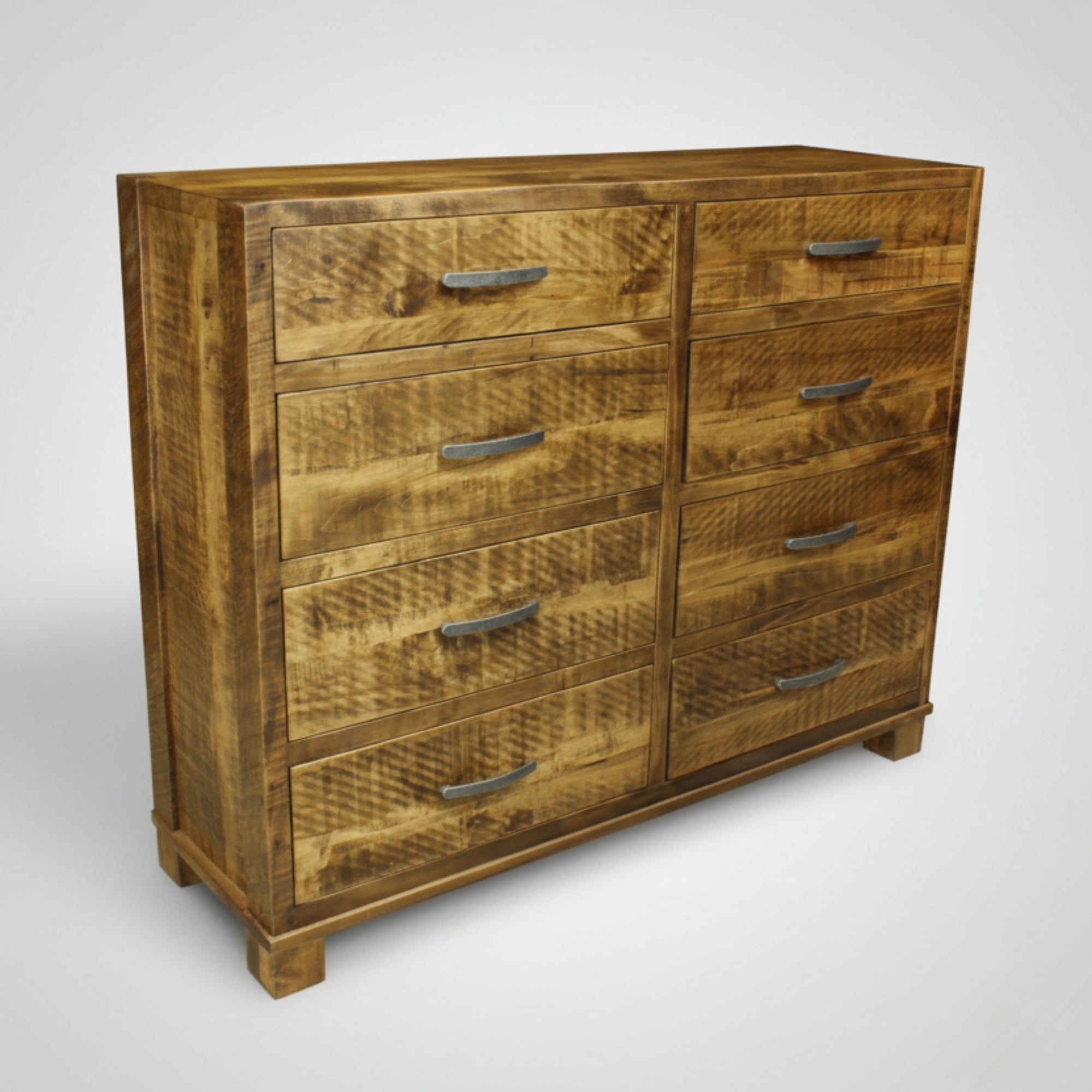 A rustic Backwoods 8-drawer dresser made of solid wood with a Millsawn texture finish.