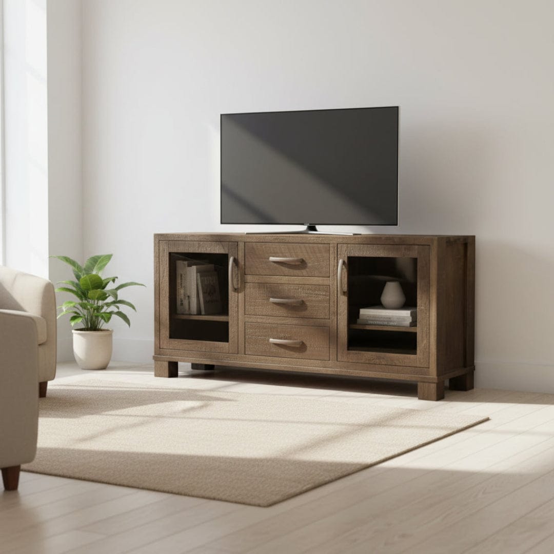 Wooden entertainment console with drawers and open shelves on a white background