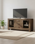 Wooden entertainment console with drawers and open shelves on a white background