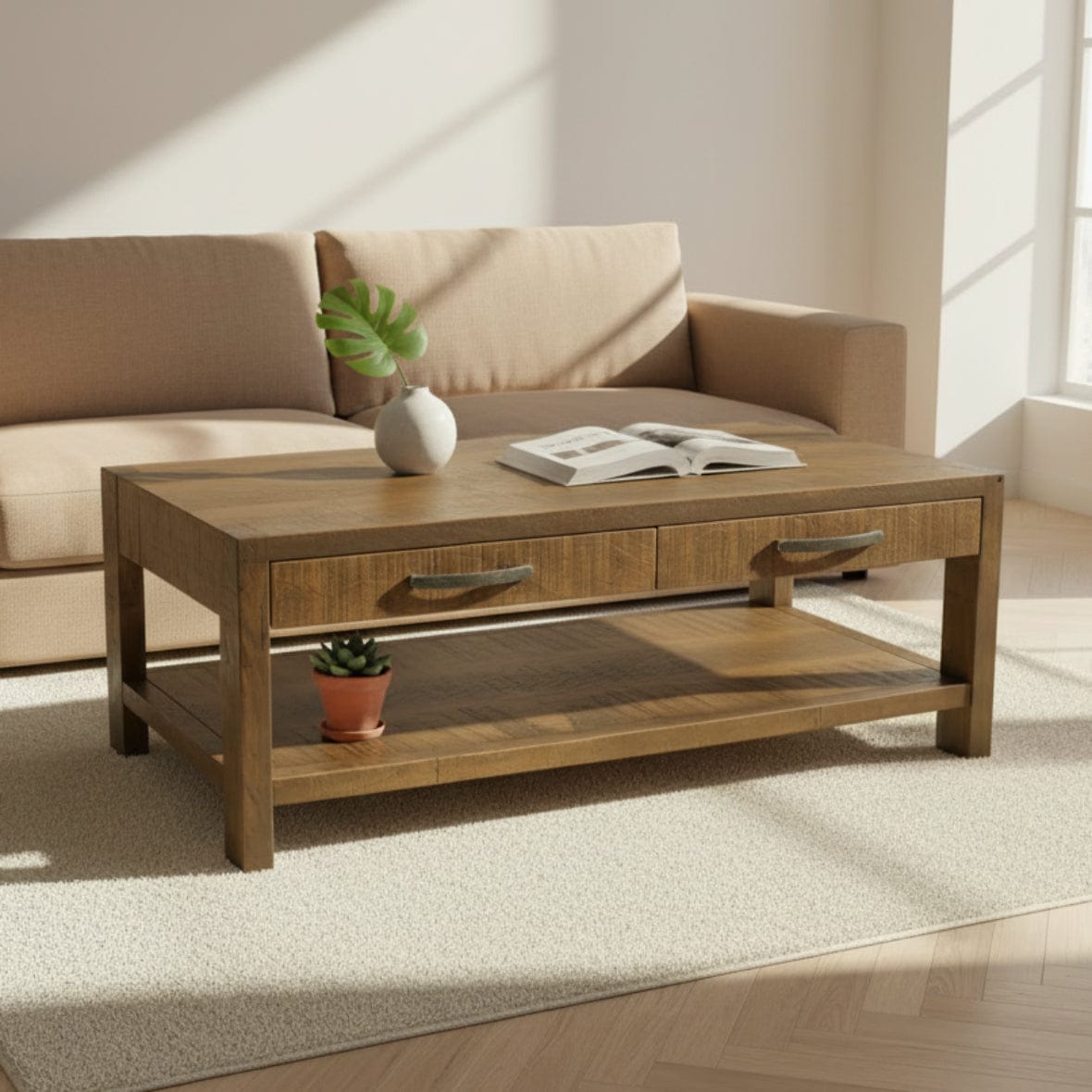 Wooden coffee table with a single drawer on a white background