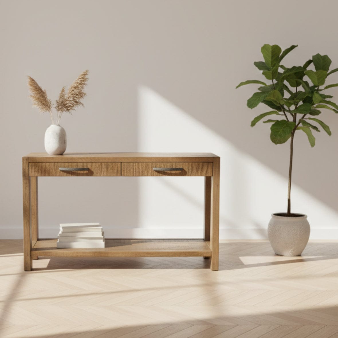 Wooden console table with two drawers on a white background