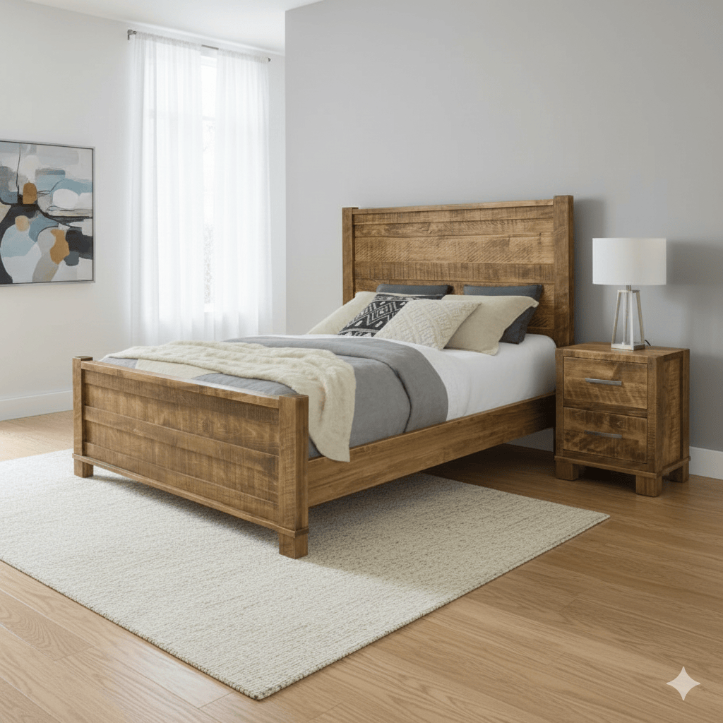 Wooden bed with bedding in a bedroom setting