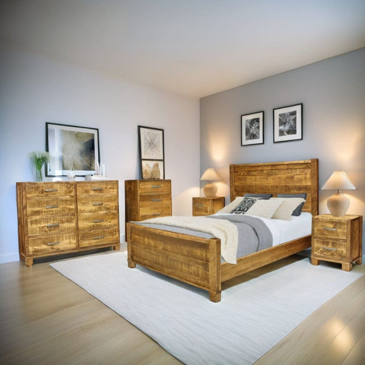 Wooden bedroom furniture set with bed, dressers, and nightstands in a room.