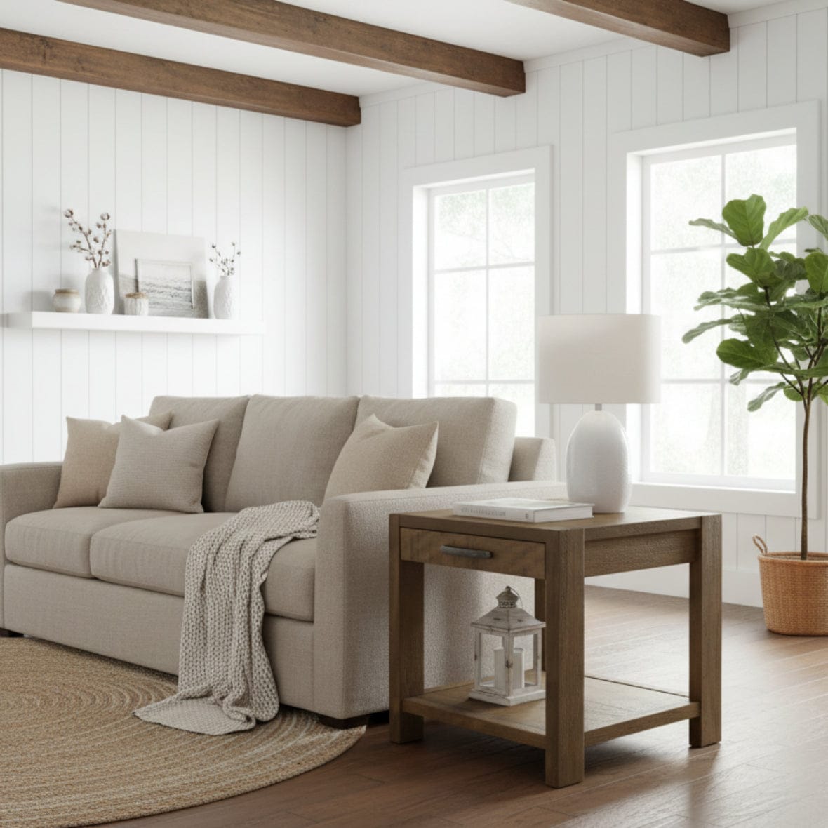 Wooden side table with a drawer on a white background