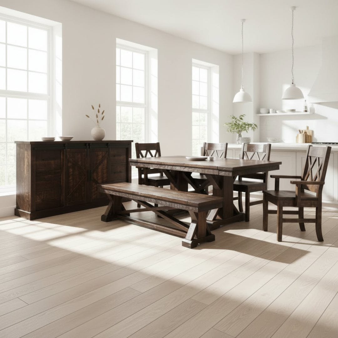 Wooden dining set with table, chairs, and bench on a white background