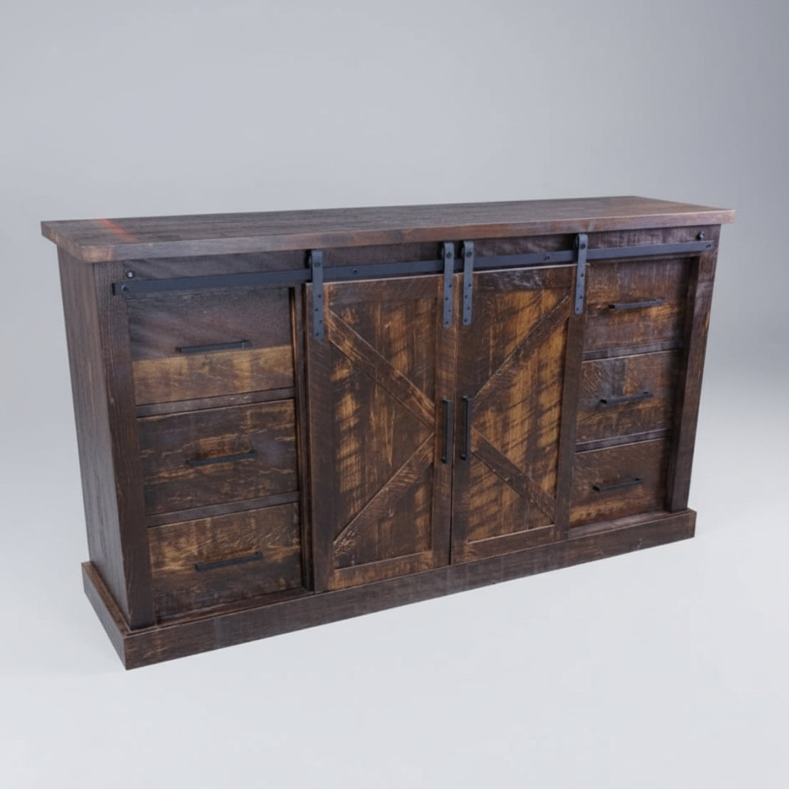 A rustic Bonaza barn door sideboard made of Canadian solid wood, featuring six drawers and sliding barn doors.