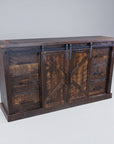 A rustic Bonaza barn door sideboard made of Canadian solid wood, featuring six drawers and sliding barn doors.