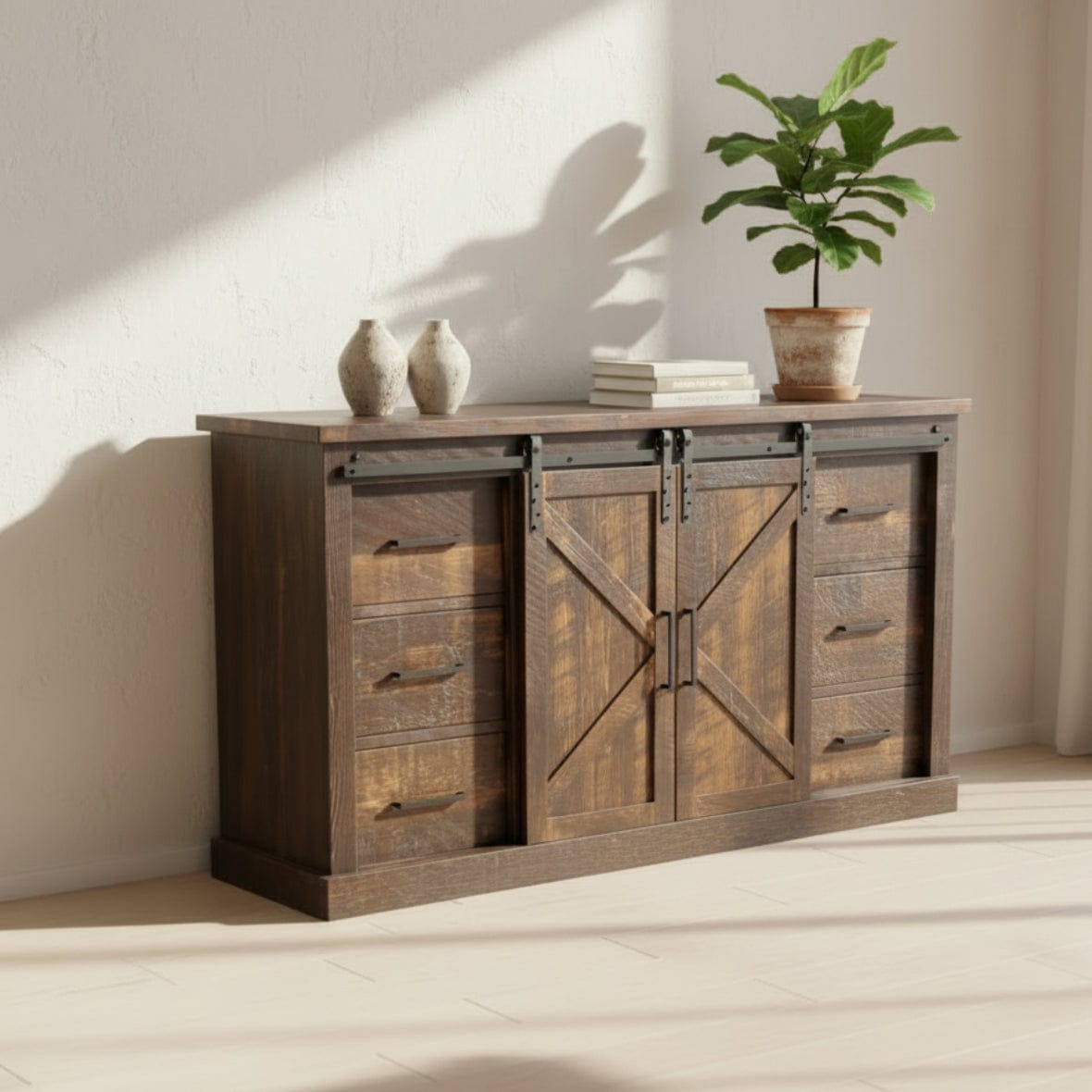 Wooden cabinet with sliding doors on a gray background