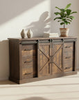 Wooden cabinet with sliding doors on a gray background