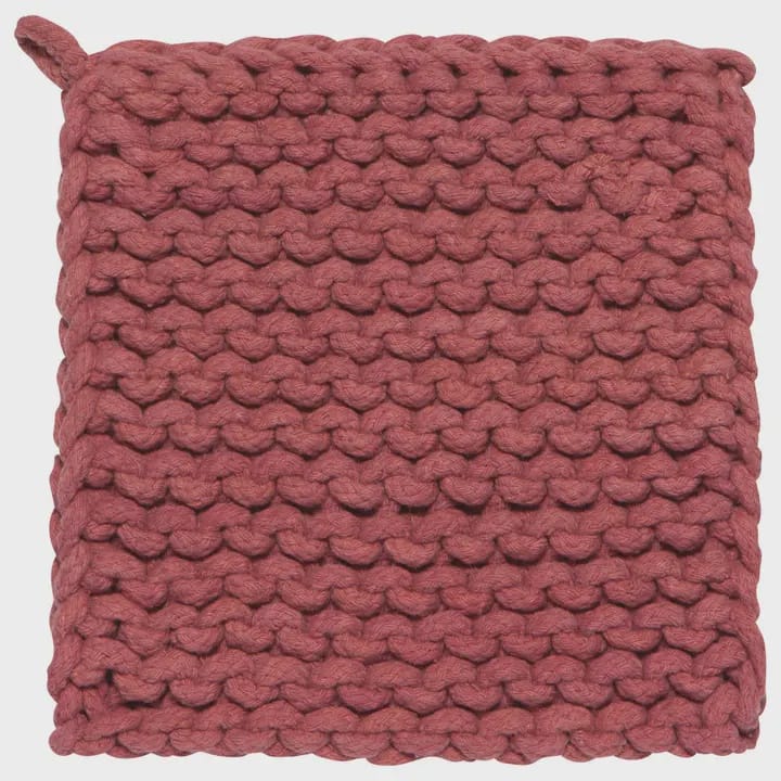 Canyon rose handmade knitted pot holder on a white background