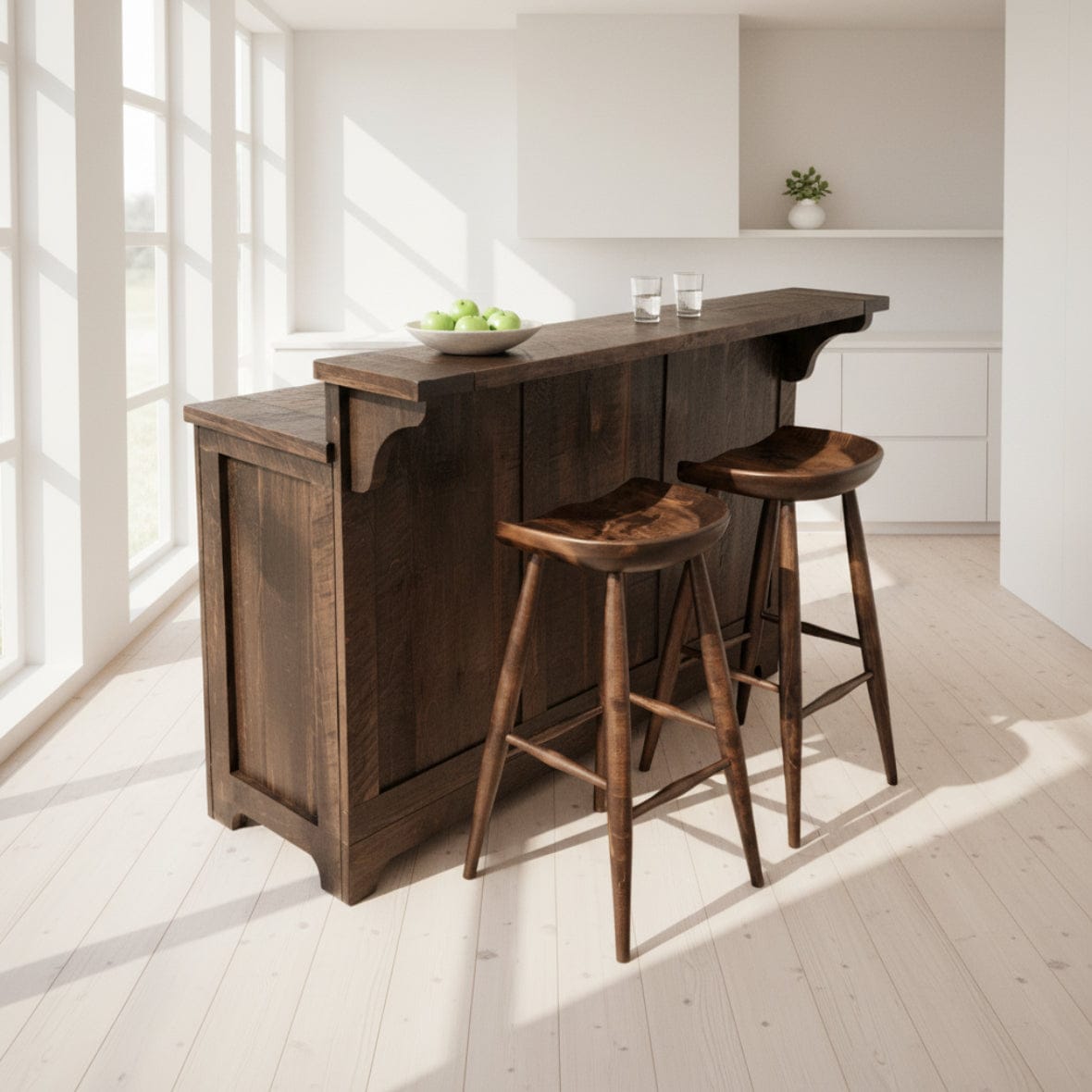 Wooden bar with two stools on a concrete surface