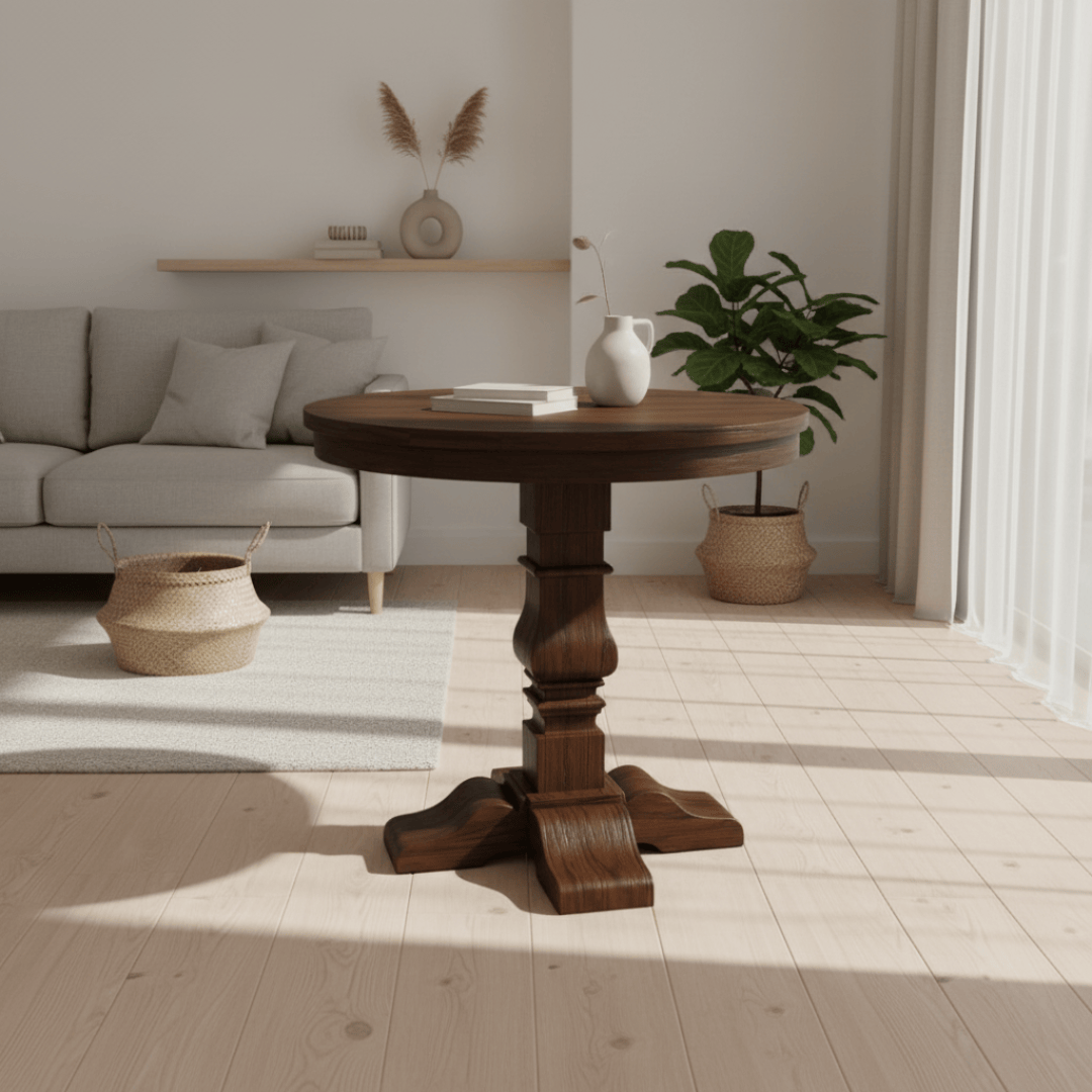 Wooden round table with a pedestal base on a white background