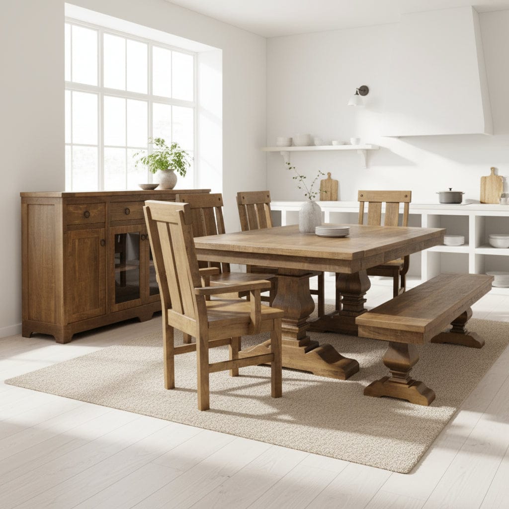 Wooden dining set with table, chairs, and bench on a white background