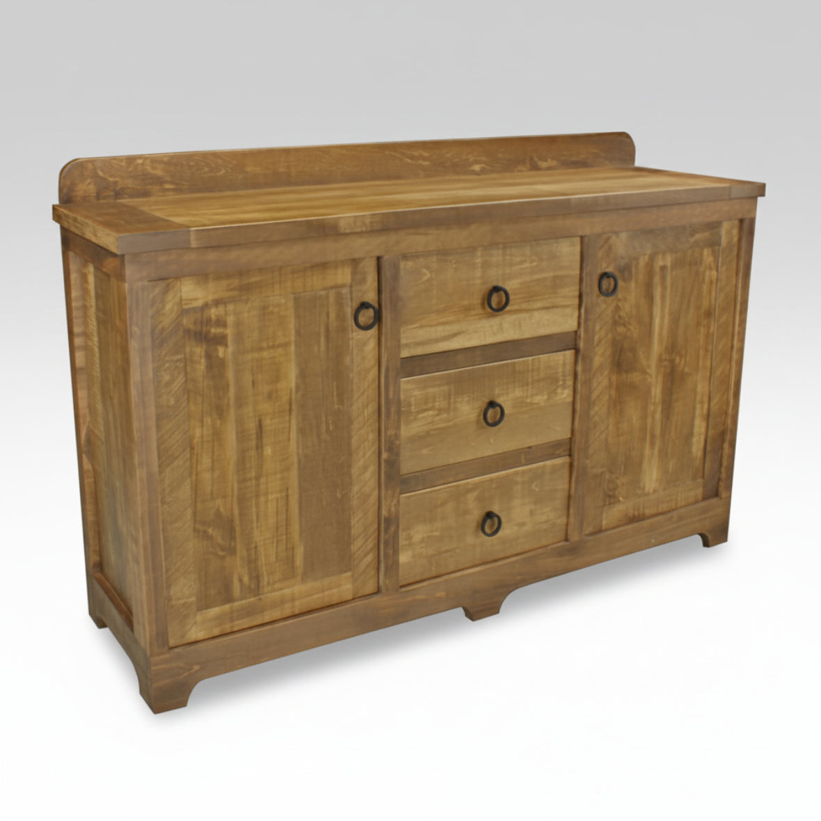 A wooden sideboard with 2 doors and 3 drawers, featuring a Millsawn wood texture finish and metal drawer pulls.