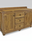 A wooden sideboard with 2 doors and 3 drawers, featuring a Millsawn wood texture finish and metal drawer pulls.