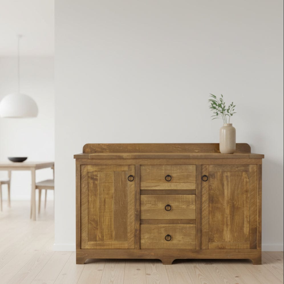 Wooden sideboard with drawers and doors on a white background