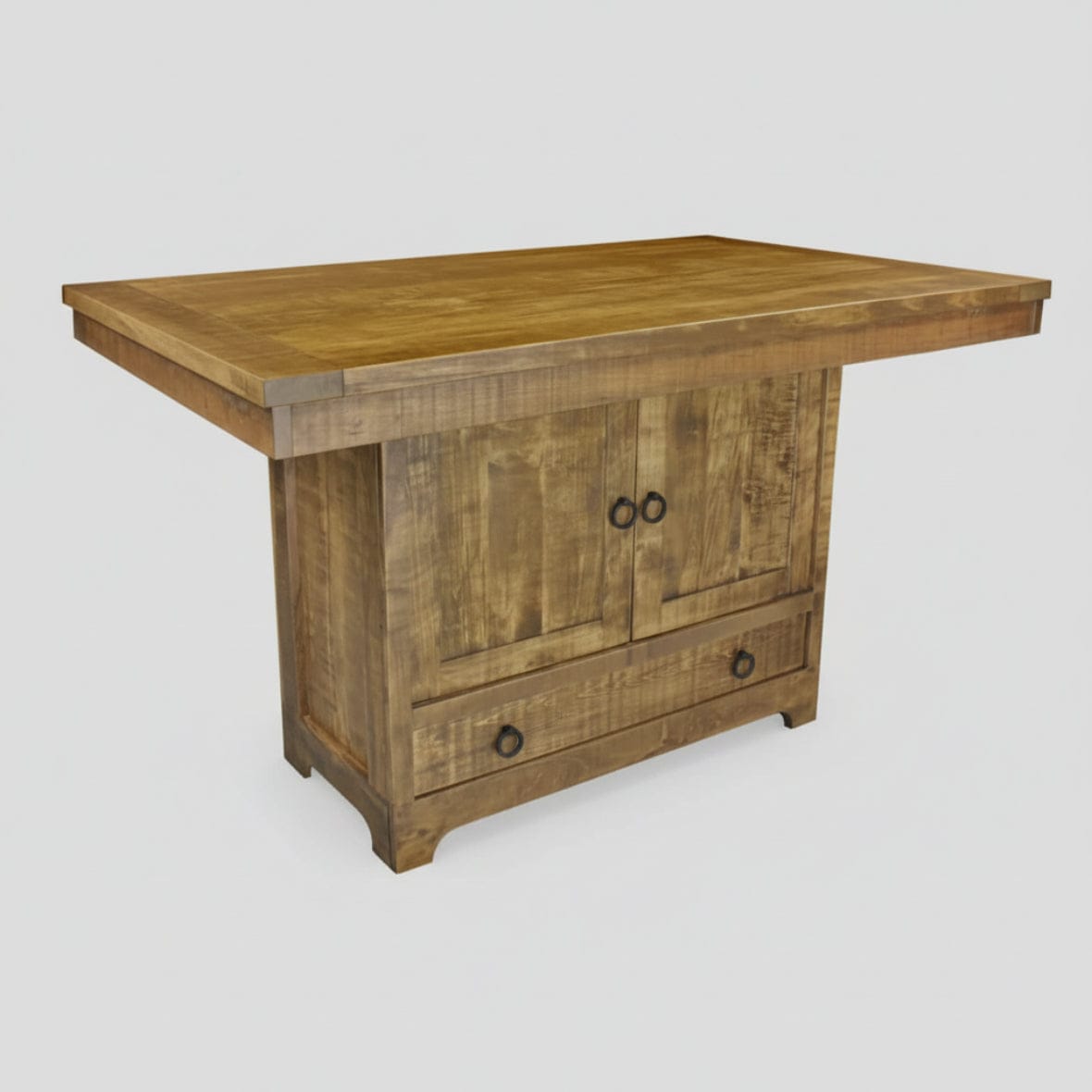 Wooden kitchen island with a flat top on a white background