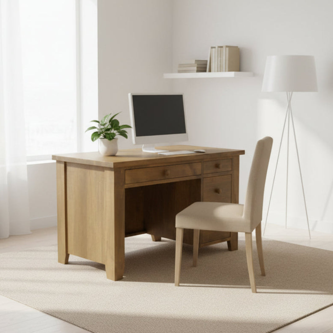 A rustic Dakota student desk made of solid wood with a visible circular saw mark texture on the top. The desk features multiple drawers and a natural wood finish.