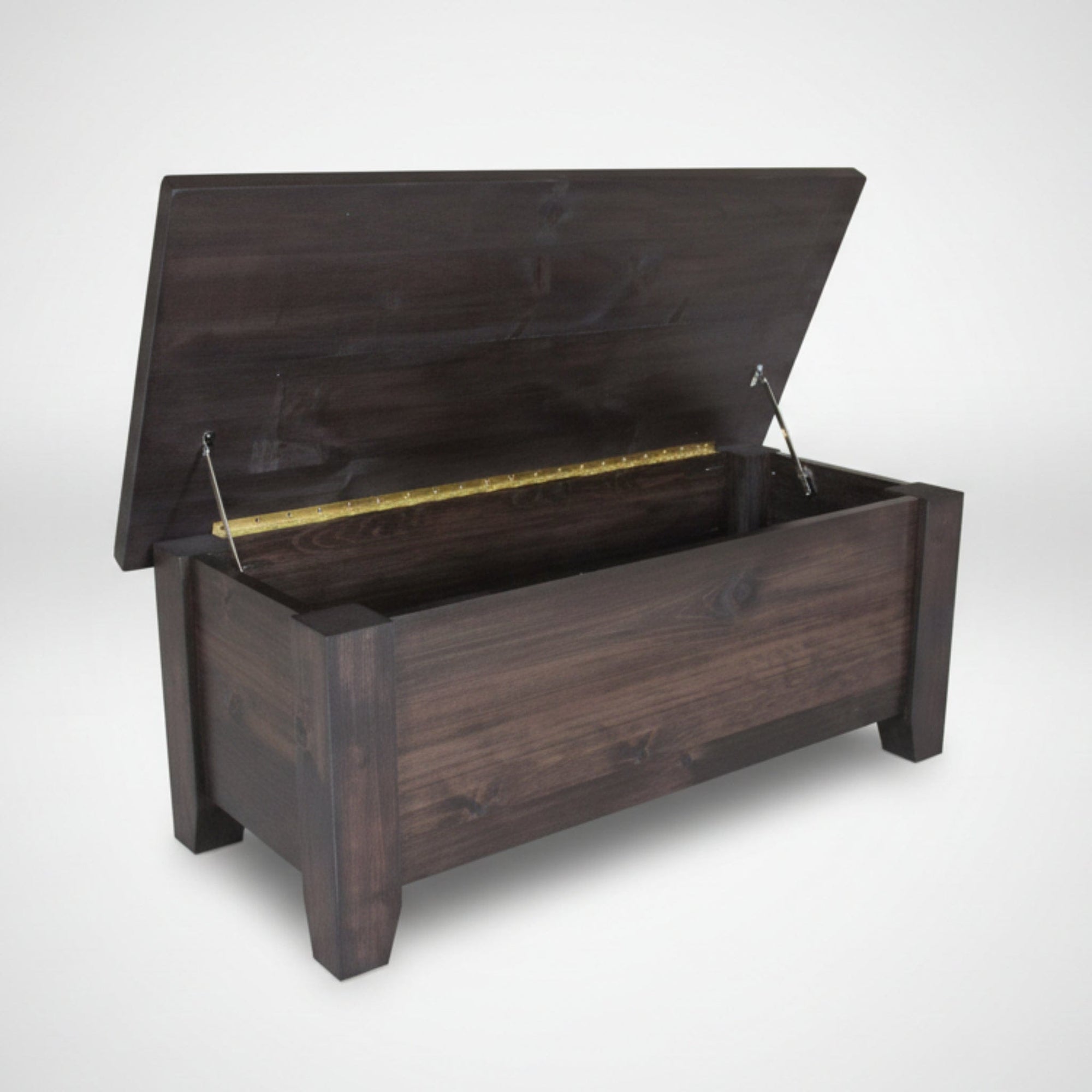 Wooden storage chest with open lid on a white background