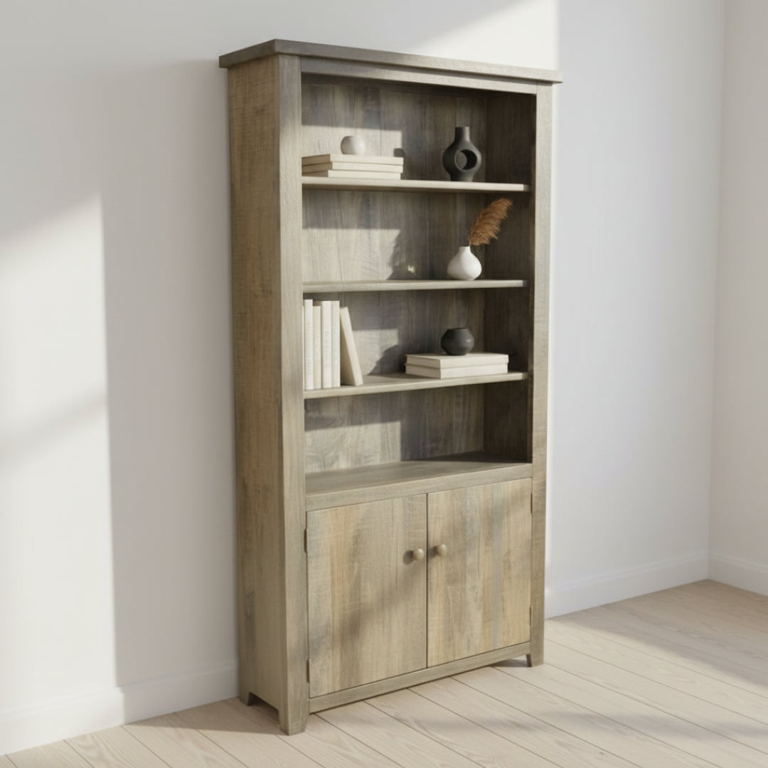 Wooden bookshelf with a rustic finish on a white background
